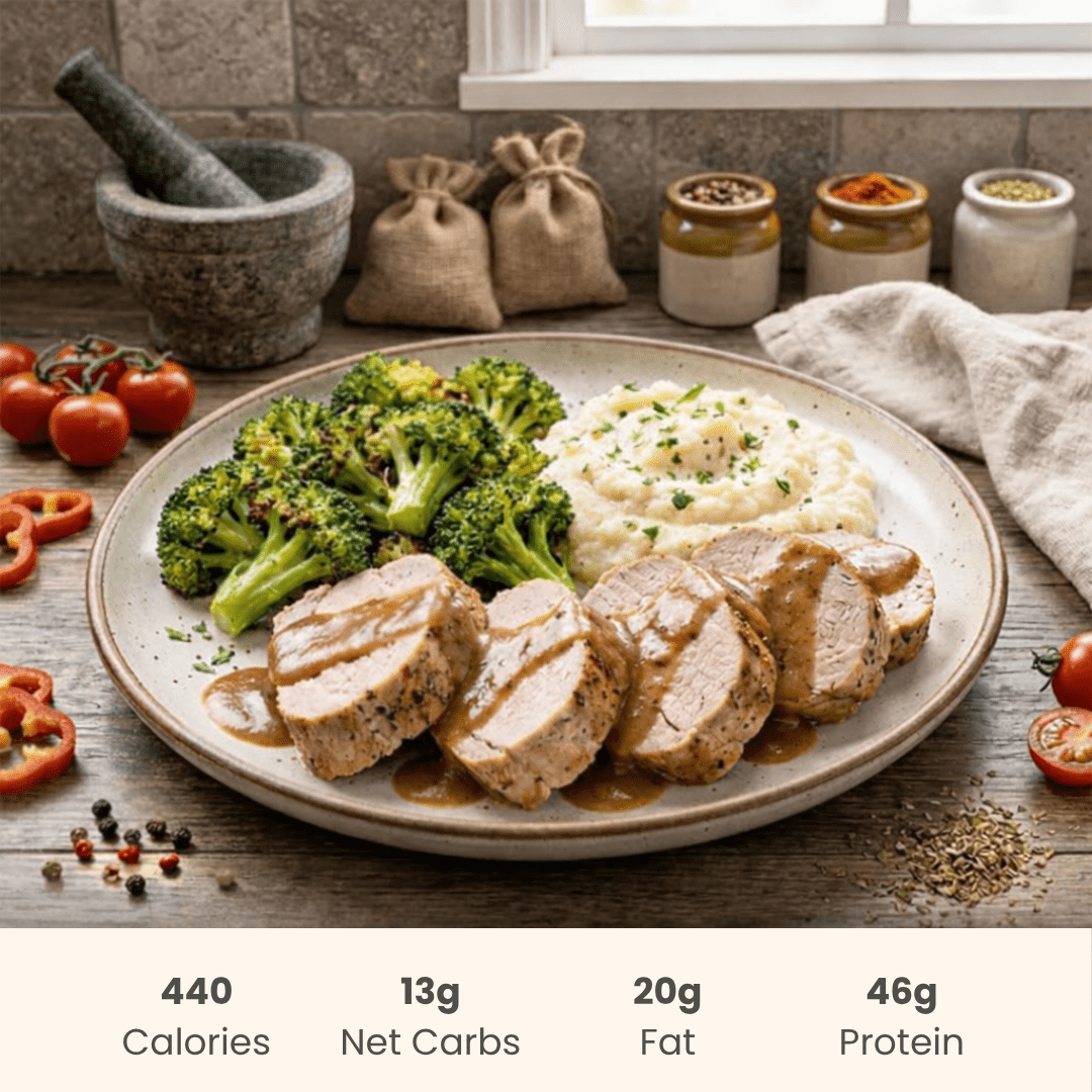 Pork Tenderloin with Broccoli, Cauliflower Mash & Gravy - ketolibriyum