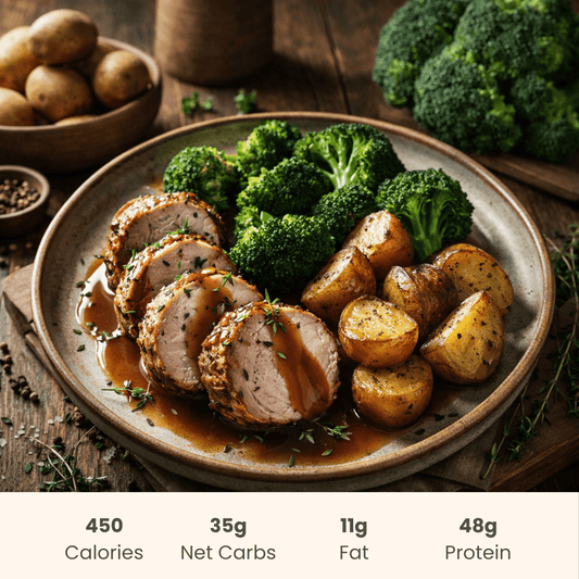 Pork Tenderloin with Broccoli, Roast Potatoes & Gravy - ketolibriyum