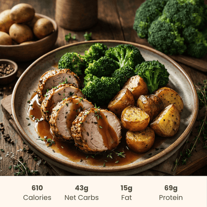 Pork Tenderloin with Broccoli, Roast Potatoes & Gravy - ketolibriyum