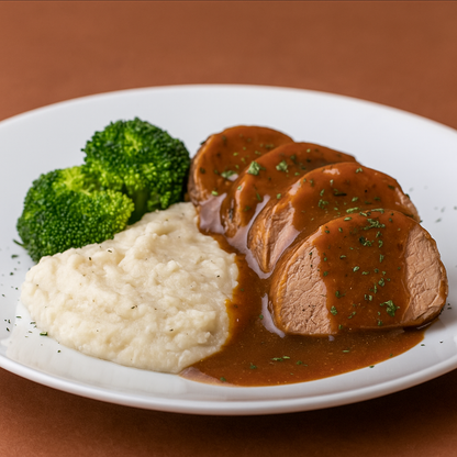 Pork Tenderloin with Broccoli, Cauliflower Mash & Gravy