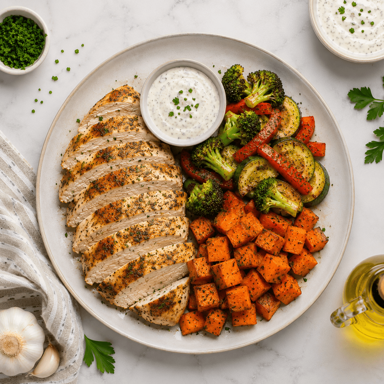 Ranch Chicken with Sweet Potatoes and Vegetables & Dip - ketolibriyum
