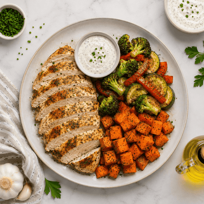 Ranch Chicken with Sweet Potatoes and Vegetables & Dip - ketolibriyum