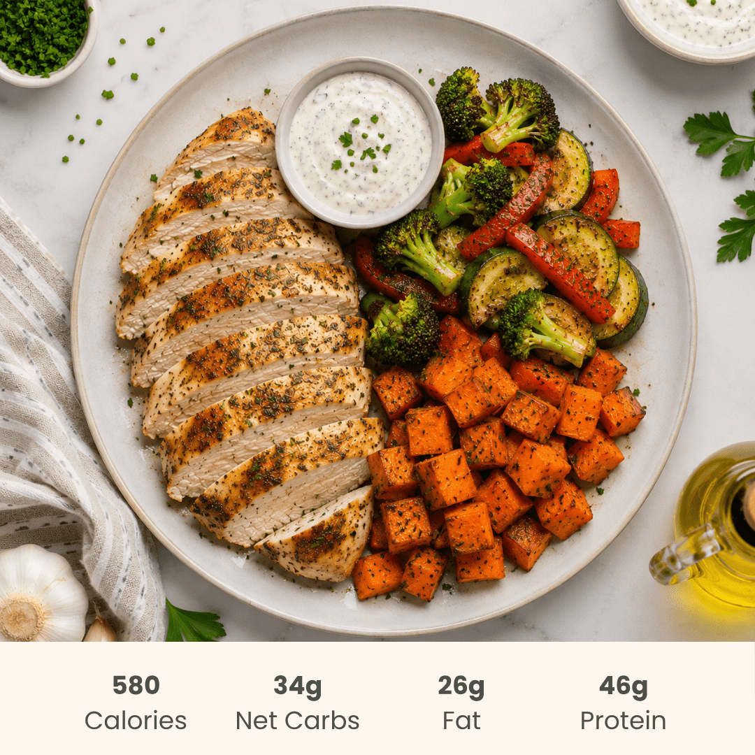 Ranch Chicken with Sweet Potatoes and Vegetables & Dip - ketolibriyum