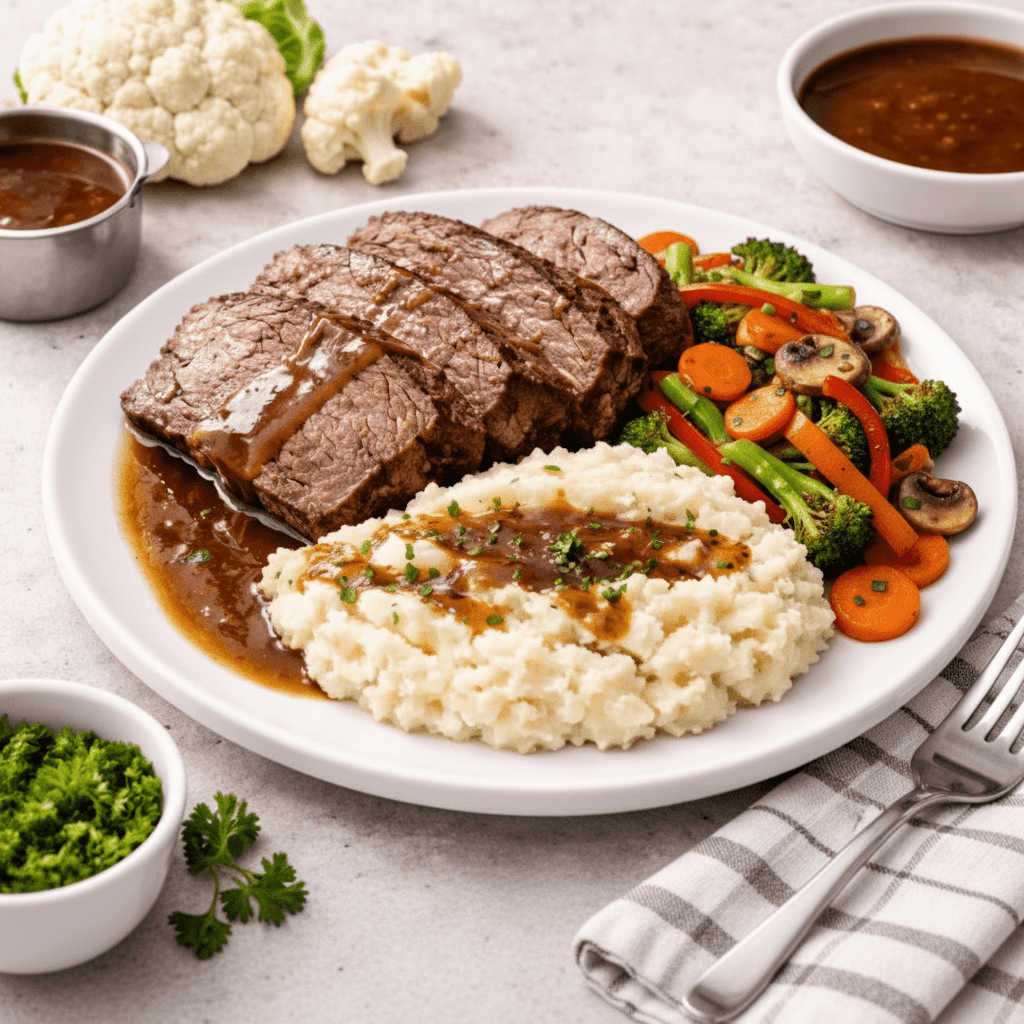 Slow Roasted Beef with Sauteed Veg and Cauliflower Mash & Gravy - ketolibriyum