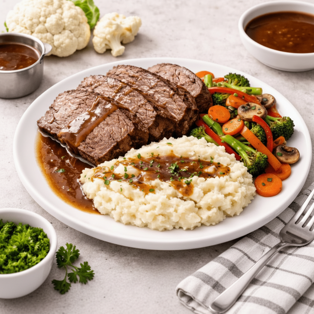 Slow Roasted Beef with Sauteed Veg and Cauliflower Mash & Gravy