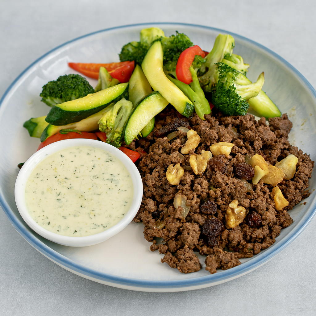 Smashed Beef Kebab & Zucchini Saute