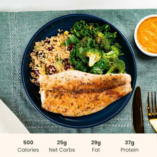 Spanish Basa with Romesco Sauce, Roasted Kale & Broccoli and Mexican Quinoa - ketolibriyum