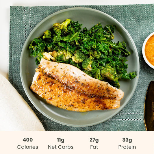 Spanish Style Basa with Romesco Sauce, Roasted Kale, and Broccoli - ketolibriyum