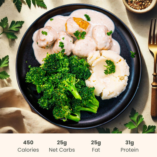 Stroganoff Chicken Meatballs with Broccoli & Creamy Mashed Potatoes - ketolibriyum