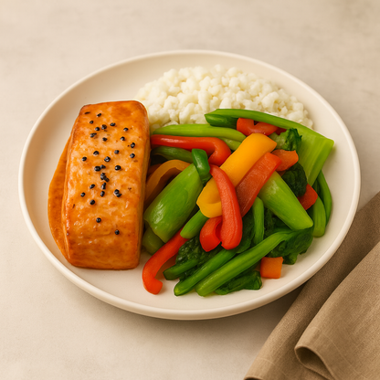Teriyaki Salmon with Rice & Roasted Vegetables