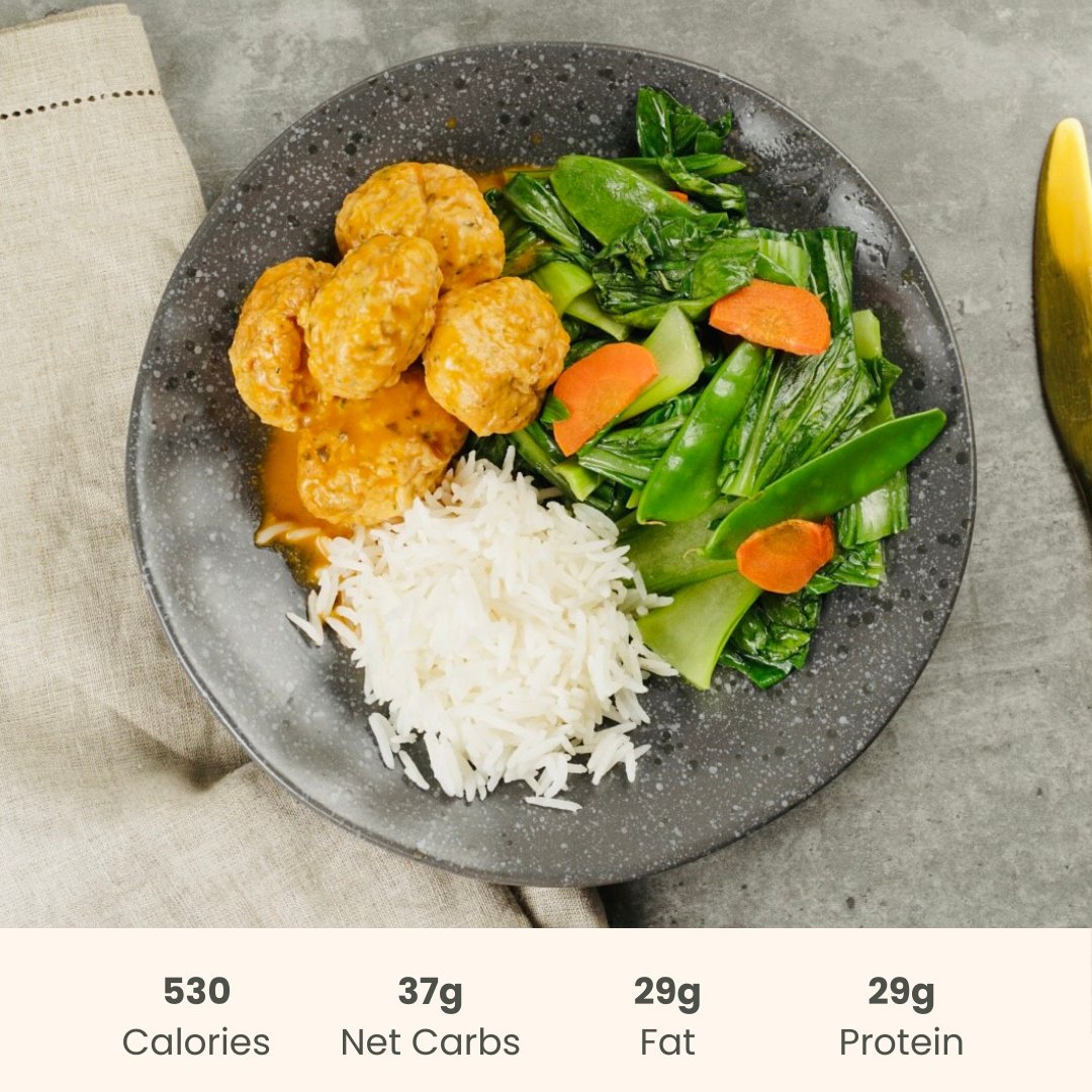 Thai Coconut Curry with Chicken Meatballs, Basmati & Bok Choy Saute - ketolibriyum