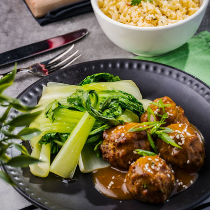 Teriyaki Meatballs with Bok Choy & Basil Fried Cauli-rice - 550 Calories | 10g Net Carb | 44g Total Fat | 28g Protein - ketolibriyum
