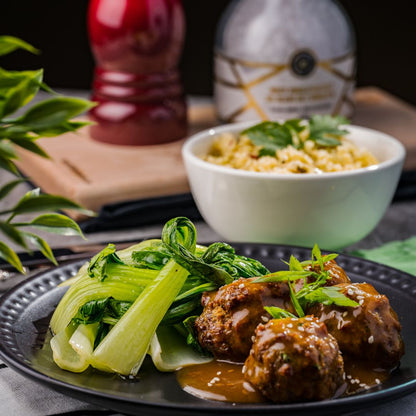 Teriyaki Meatballs with Bok Choy & Basil Fried Cauli-rice - 550 Calories | 10g Net Carb | 44g Total Fat | 28g Protein - ketolibriyum