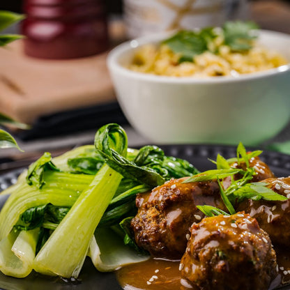 Teriyaki Meatballs with Bok Choy & Basil Fried Cauli-rice - 550 Calories | 10g Net Carb | 44g Total Fat | 28g Protein - ketolibriyum